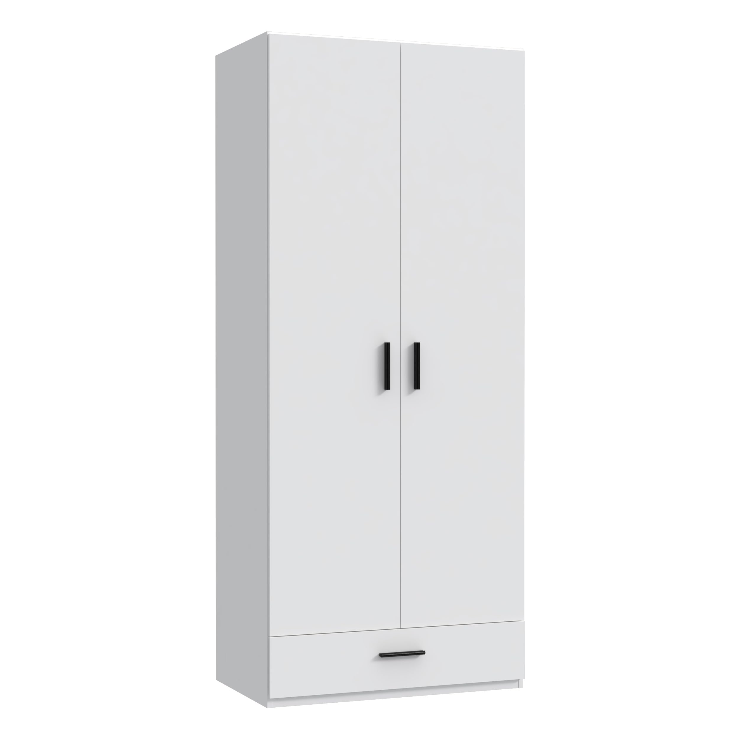 Forte TRAWEN Kleiderschrank 90, moderner Kleiderschrank, Flurschrank, Mehrzweckschrank, 2-türig, Schublade, Holzwerkstoff, Weiß, 88,9 cm breit x 210,5 cm hoch x 54,2 cm tief