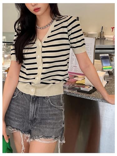 Image of GORGLITTER Women's Striped Short Sleeve Cardigan V Neck Open Front Button Down Sweaters Black and Apricot Medium