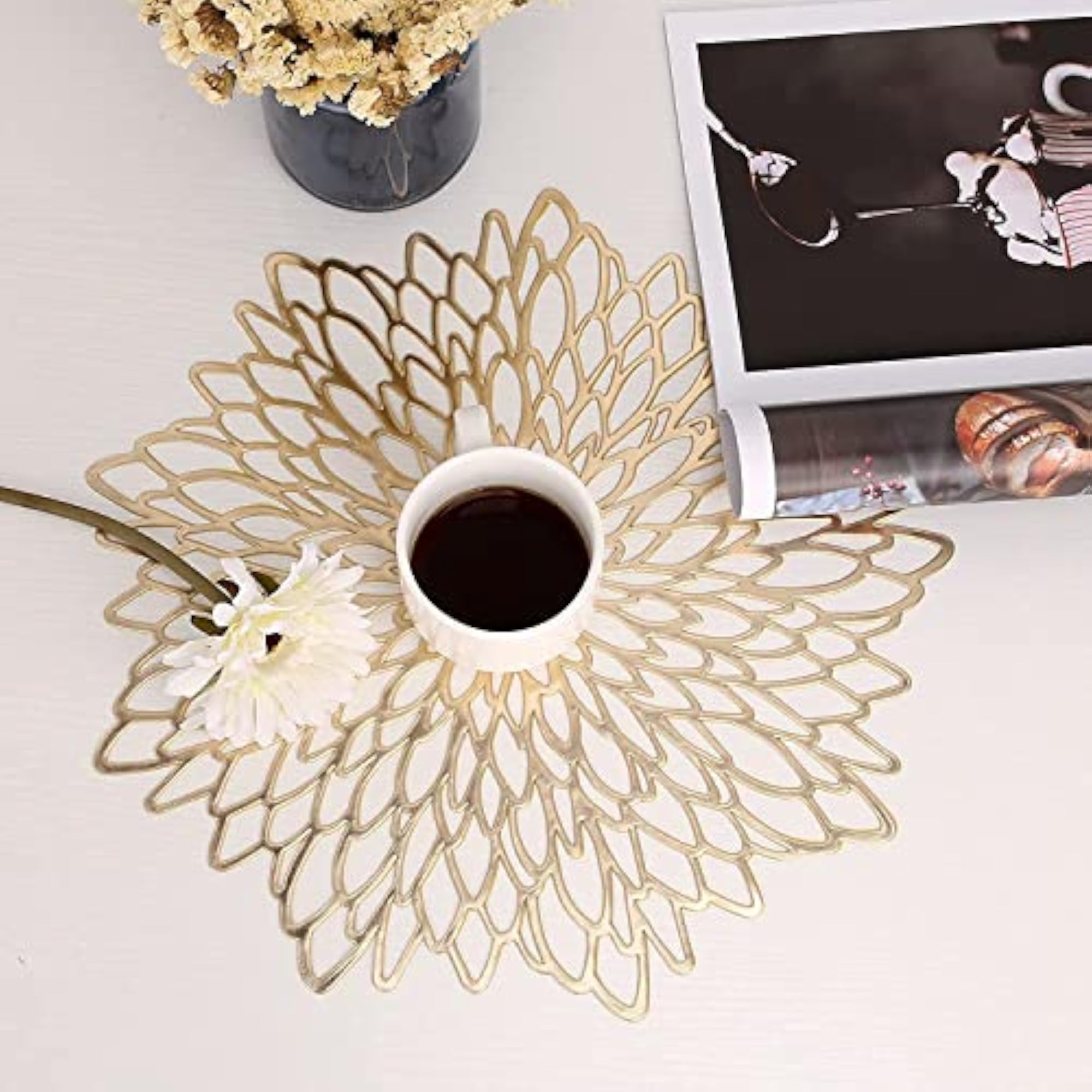 Golden Flower Placemats Pressed Vinyl for Dining Table