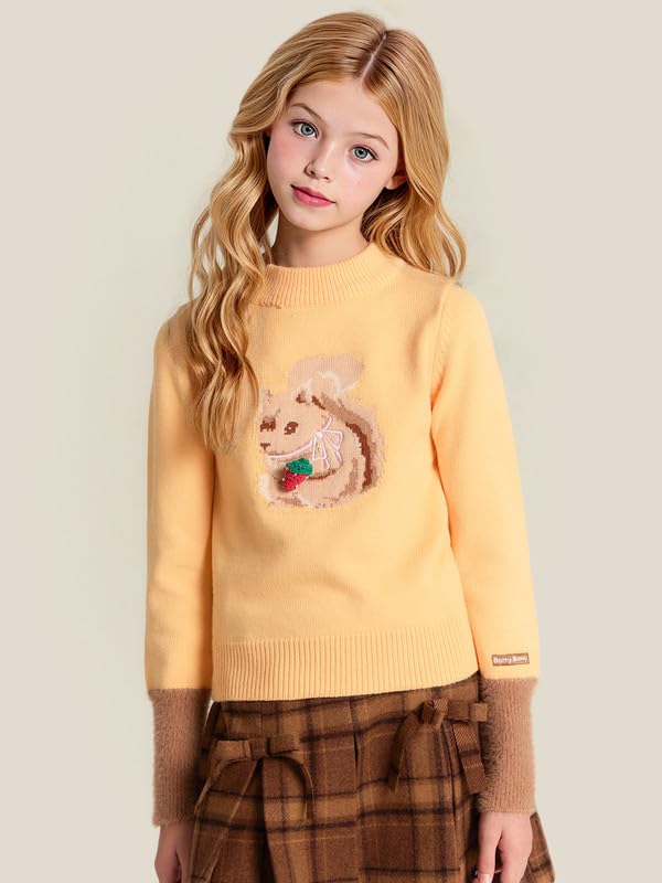 Girls Knit Shirts for Squirrel - Yellow Long Sleeve Top with Strawberry Embroidery & Fuzzy Sleeves 6-16Y2