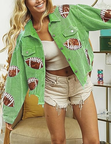 Womens Game Day Corduroy Football Jacket Rugby Sequin Patched Button Raw Hem Jacket Coat2