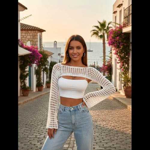 Image of Womens Crochet Shrug Y2K Hollow Out Bolero Shrug See Through Cropped Knit Sweater Top