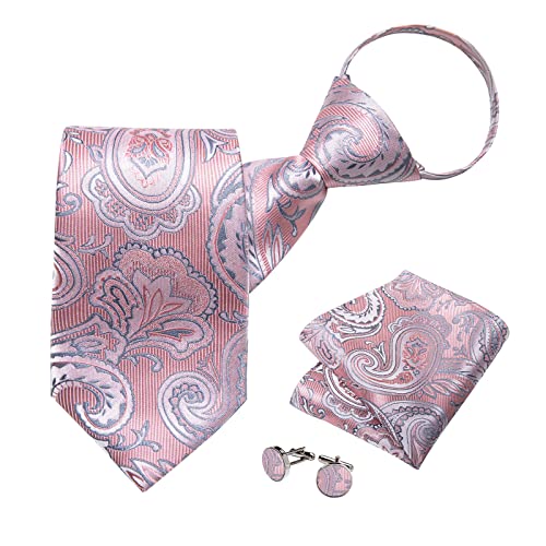 Image of DiBanGu Silk Zipper Ties for Men,Paisley Solid Plaid Pre-tied Tie and Pocket Square Cufflinks Set Formal Adjustable Necktie
