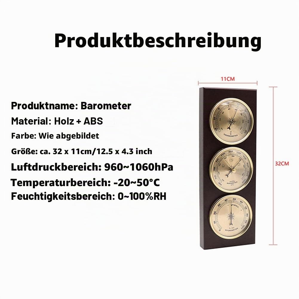 JINYISI Barometer, Thermometer, Hygrometer, Barometer für Zuhause, Analoge Wetterstation, Wandmontage, Modern, Holz + ABS, Schwarz
