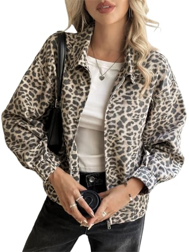 Cicy Bell Womens Leopard Zip Up Bomber Jackets Cropped Long Sleeve Denim Coats Trendy Casual Collared Vintage Outerwear