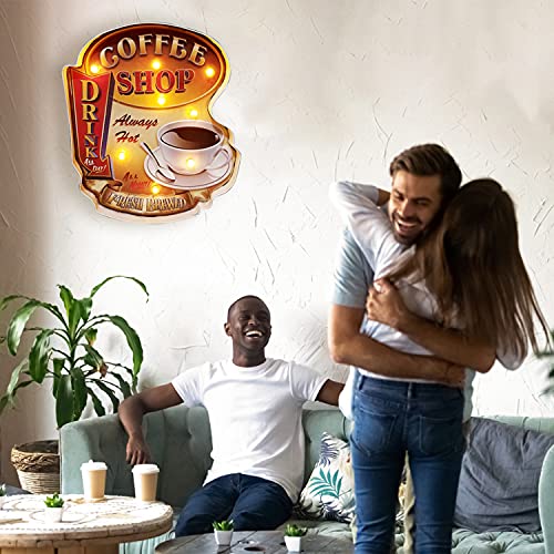 Acoiay Coffee Sign, Wall Hanging Coffee Wall Decor, Vintage Metal Signs Led Lights Coffee Shop Decor, Kitchen Diner Office Living Room Decorations Battery Operated 12 X 15 Inches #TOP6