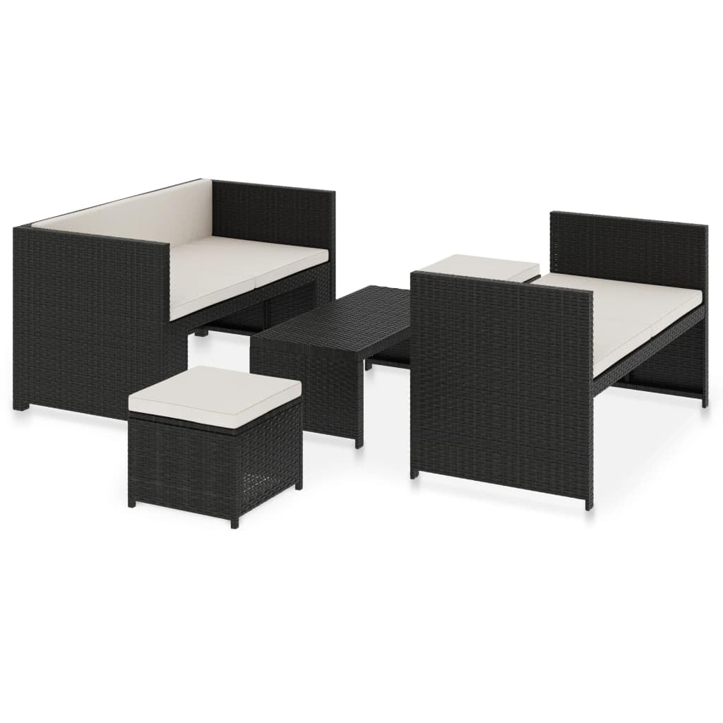 Set Muebles Jardin 5 Piezas Ratán PE Negro | Estructura Acero Solido, Cojines Gruesos Cremallera, Mesa Centro, 1 Banco, 1 Banco Sin Respaldo, 2 Taburetes