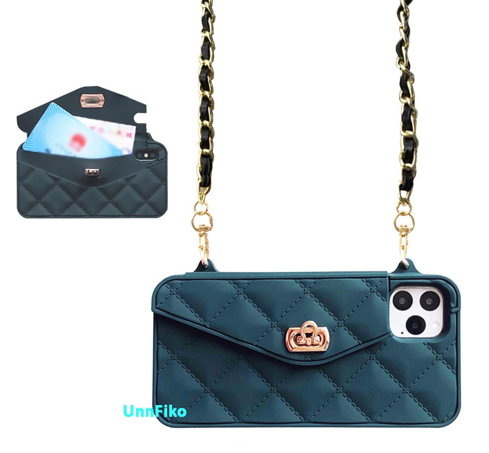 UnnFiko Wallet Case Compatible with iPhone 11 Pro, Cute Light Luxury Bag Design, Purse Flip Card Pouch Cover Soft Silicone Case with Handstrap Long Shoulder Strap (Dark Green, iPhone 11 Pro)