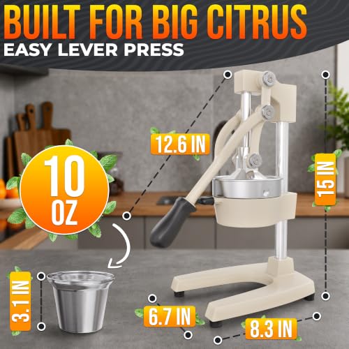 Image of Cast Iron Juicer Hand Press, Heavy-Duty Squeezer (White) | Lever Manual Citrus Press Juicer & Orange Squeezer for Lemon, Lime & Lemonade; Steel Cone & Strainer; for Home or Bar