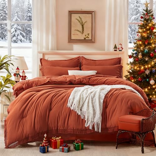 Image of Andency King Size Comforter Set with Sheets Burnt Orange - 7 Pieces Bed in a Bag Boho Soft Lightweight Bedding Sets, Terracotta Rust Tassel Bed Set with Comforter, Sheets, Pillowcases & Shams