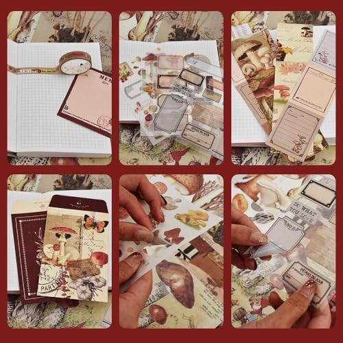 Image of GDNK Scrape Book Kit Scrapbooking Kit Vintage Journal Scrapbook Pack DIY Paper Stickers, Craft Kits Notebook, Collage Album Aesthetic Sticker Journaling Scrapbook Photo Album (Red Mushroom)