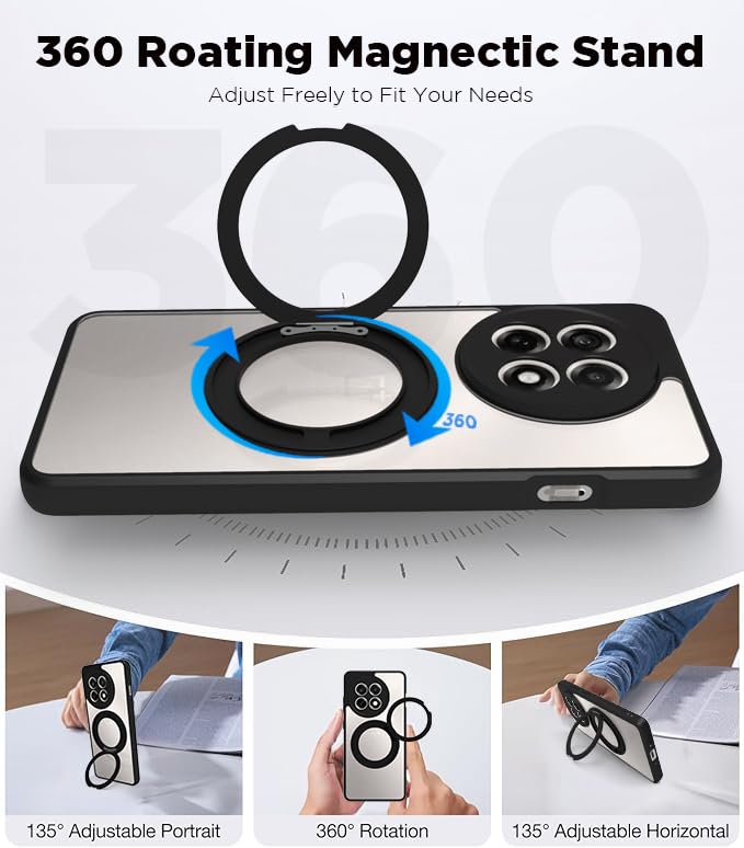 Image of RIGGEAR Shockproof Sleek Hybrid Armor 360 Rotating Magnetic Ring Stand Back Cover Case Compatible with MagSafe Accessories for OnePlus 13R (Clear PC + Black TPU Bumper)