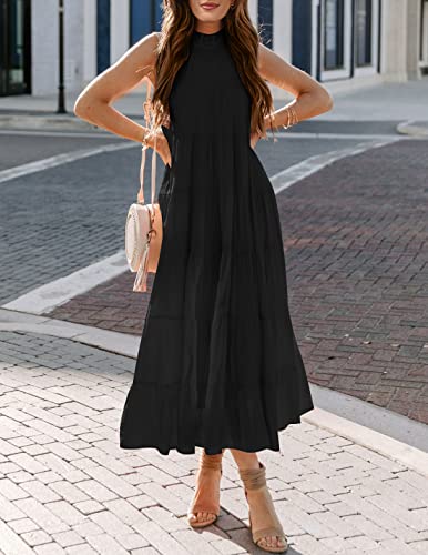Image of HAEOF Women's Summer Sleeveless Halter Midi Maxi Dress Casual Loose Fit Pleated Tiered Flowy Beach Vacation Long Sundress