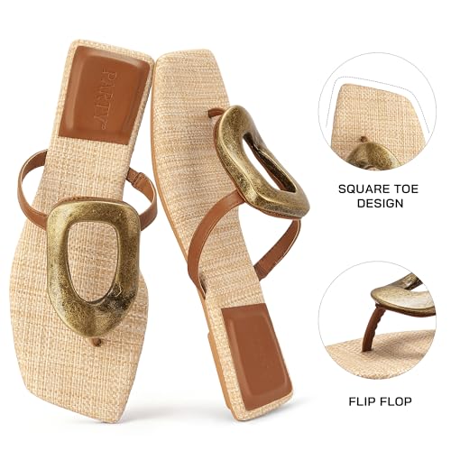 Image of PARTY Square Toe Flip Flops Women,Fashion Designer Thong Sandals with Gold Buckle Trendy Summer Comfort Flat Sandals