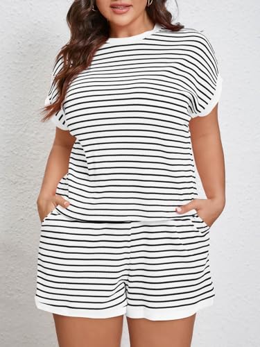 Image of Beautife Womens Plus Size Lounge Set 2 Piece Outfits Stripe Short Sleeve Shirts Tops Shorts Summer Casual Loungewear