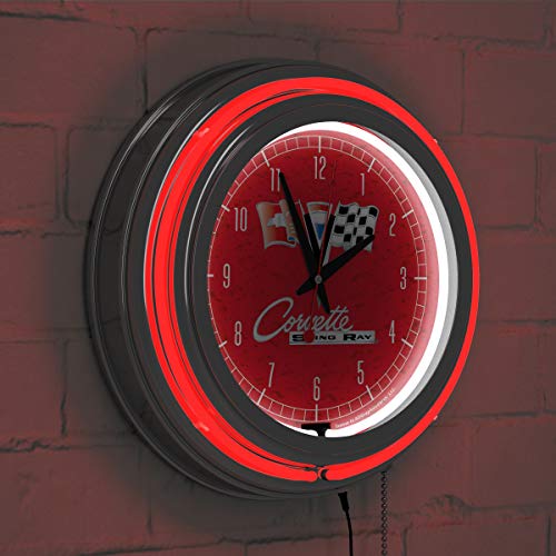 Corvette C2 Red Chrome Double Ring Neon Clock #TOP5