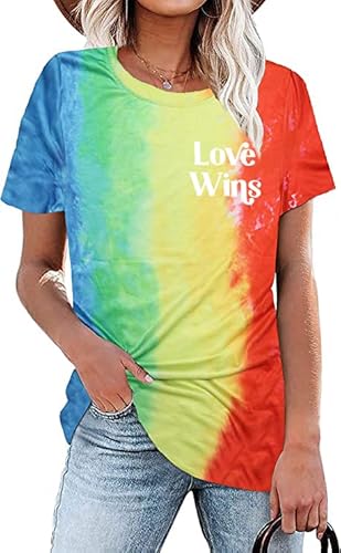 Love Wins Camiseta feminina LGBT orgulho gay tie dye arco-íris lésbica blusa de manga curta, Arco-ír