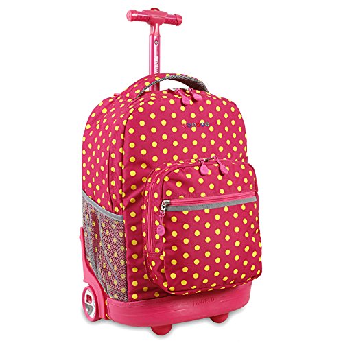 Image of J World Sunrise Kids Rolling Backpack with Wheels for Girls Boys, Roller Bookbag for School, 18 x 13 x 9 Inches, Pink Buttons