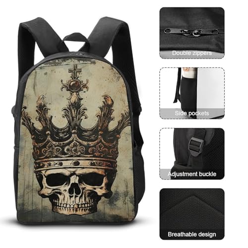 3 Piece Backpack for Women Men Lightweight Causal Daypack Shoulder Bag Set with Insulated Lunch Bag And Pencil Case Organizers Elegant Skull Crown3