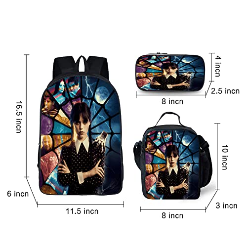 Dhrohtm Wednesday Backpack Set For Boys Girls Addams With Lunch Box Lunch Bag Pencil Case Pencil Bag 17 Inch Backpacks Schoolbag Black02 One Size #TOP5