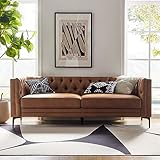 HULALA HOME 84' W Faux Leather Sofa Couch with Metal Legs, Button-Tufted 3-Seater Sofa, Mid Century Modern Upholstered Couch for Living Room, Entertainment Area, Apartment,Camel
