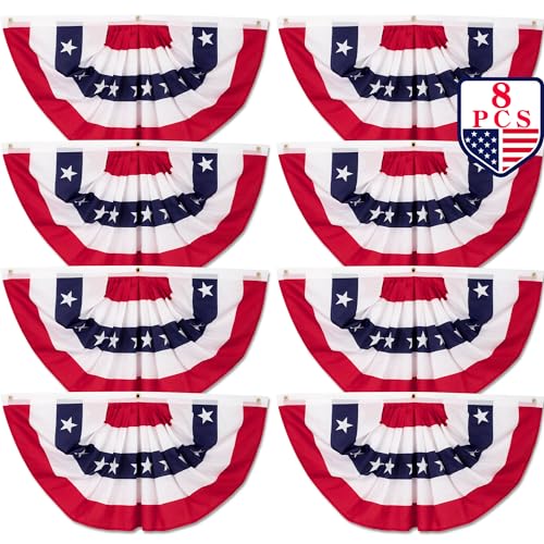 8 PCS Fourth of July Decorations, 1.5 x 3 FT US Pleated Fan Flags, Patriotic Bunting American Flag Banner USA Half Fan Flag Home Garden Outside Decor for 4th of July Independence Day Memorial Day