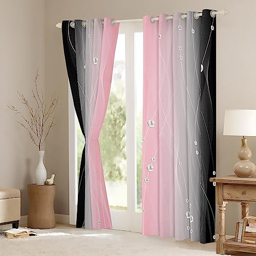 Homemissing Pink and Black Darkening Drapes Strip Lines Curtains for Bedroom Living Room For Kids Women Men Ombre Pearl 30%-50% Blackout Curtains Geometric Window Treatments W46*L72 - Image 3