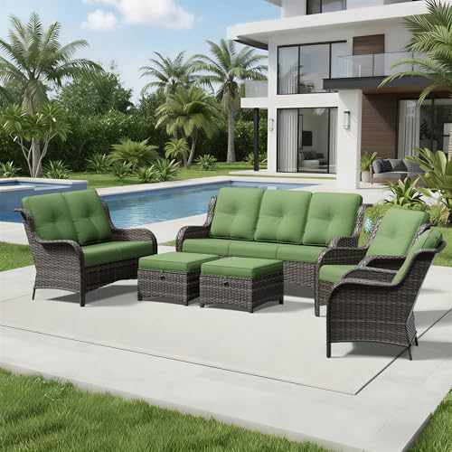 Image of Joyside 6 Piece Wicker Patio Furniture Set, Rattan Patio Chairs with High Back, Deep Seating, Wide Armrest, Thickened Cushions, Outdoor Furniture for Deck, Porch Use