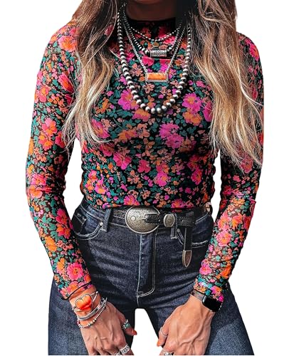 SELINK Long Sleeve Mesh Tops for Women Floral Print...