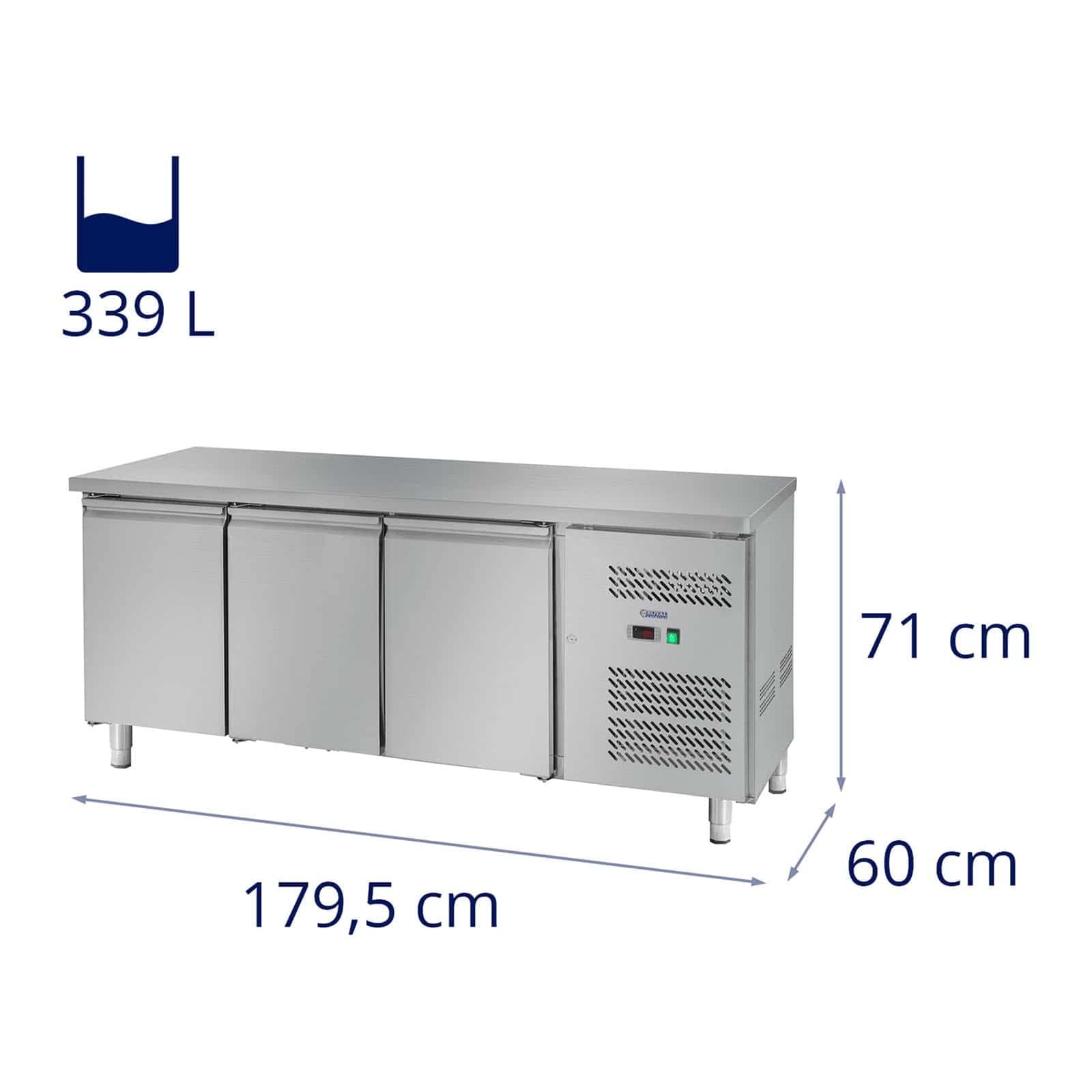 Royal Catering Mesa Refrigerada RCLK-S339 (339 L, Superficie de trabajo de acero inoxidable, compresor 258 W Zanussi, 3 puertas, R600a)