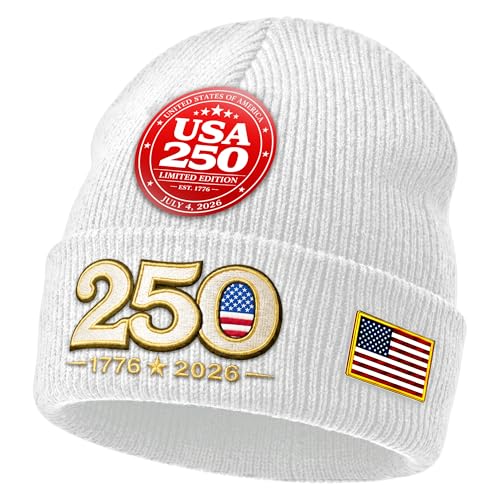 USA 250th Anniversary Beanie Hat 17762026 White - 3D Embroidered Patriotic Knit Cap with American Flag Soft Acrylic One Size Fits All Patriotic 4th of July Independence Day Gift