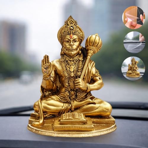 Image of Yadava Golden Hanuman Idol with Double Sided Adhesive Sticker for Car Dashboard - Resin Hanumanji Murti for Home Temple, Office & Spiritual Decor (with Double Sided Adhesive Sticker)