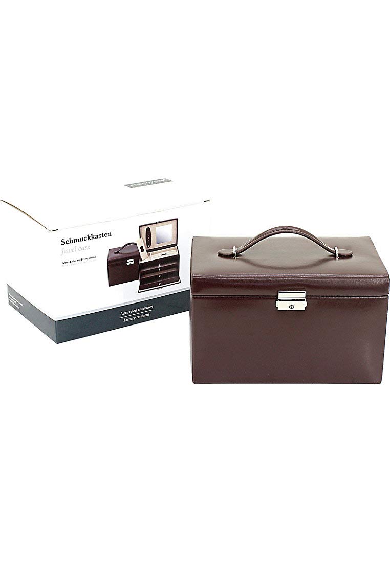Friedrich23 Schmuckkoffer – Schmuckkasten Classico aus Leder - 3 Schubfächer, 2 Abdeckkissen, Spiegel