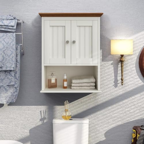 Image of Treocho Wood Medicine Cabinet with Doors, Bathroom Wall Cabinet | Rustic Bathroom Storage Cabinet, Adjustable Shelf, Open & Concealed Storage, 9.2 x 18.9 x 23.4 Inches, White & Brown