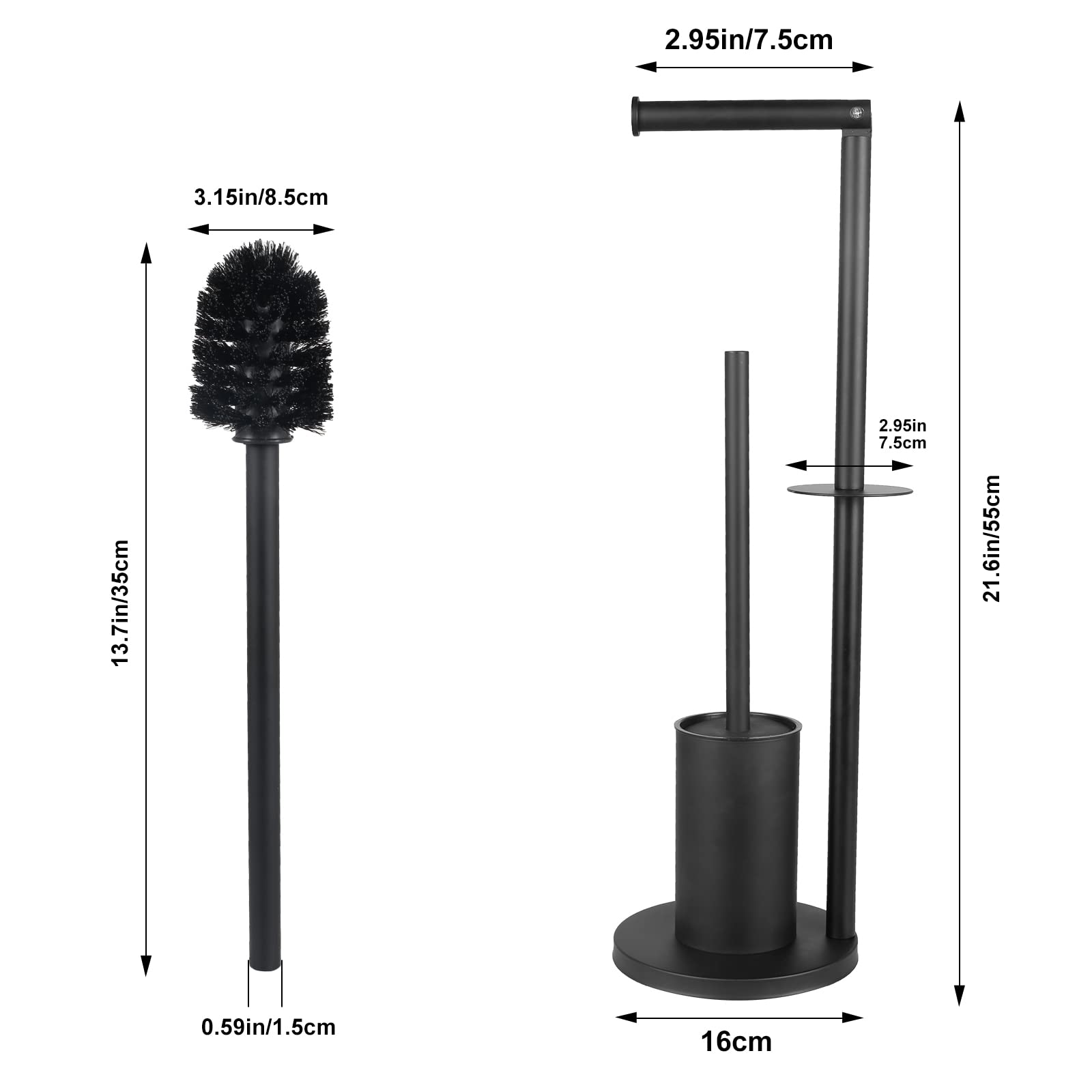 Portarotolo Carta Igienica da Terra con Scopino Acciaio Inox Piantana Portarotolo Nero Porta Rotoli Cartaigienica con Spazzolino WC Senza Forare, in Piedi