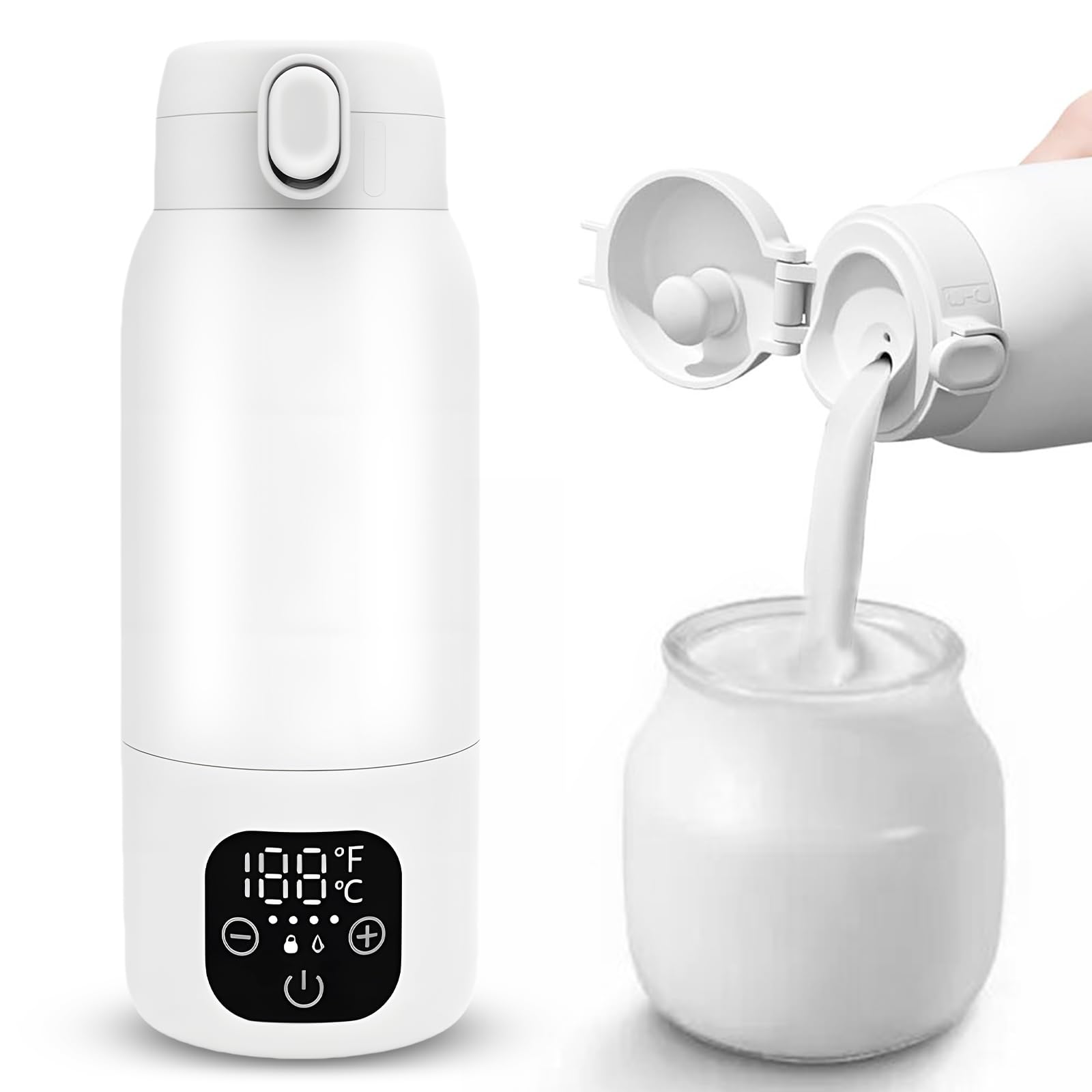 Draagbare flessenwarmer voor baby's, onderweg, accu-thermoskan 500 ml, 35-70 °C instelbaar, mobiele melkverwarmer met USB-C, 100 W, snel opwarmen voor auto, reizen, moedermelk en water