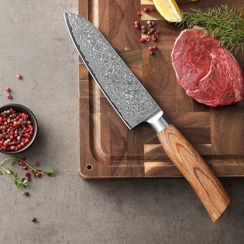 Foto von Wakoli EDIB Pro Messer - Damastmesser-Set (3-teilig) Küchenmesser aus 67 Lagen Damaststahl mit VG10-Kern - Pakkaholzgriff - Scharfe Messer für Fleisch, Fisch & Gemüse - Küchenmesser Set in Holzbox