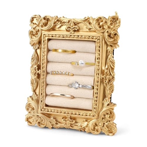 Yitexin Cadre de support de bague vintage en résine avec intérieur en daim, plateau rectangulaire doré, organiseur de bijoux baroque pour femme, cadeau...