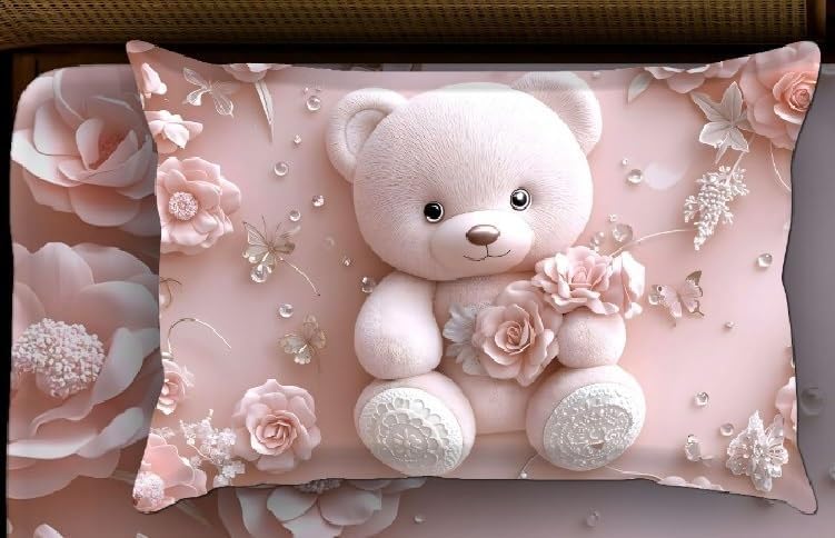 Image of 7D Flat Bedsheet 400TC Sheet Set, Kids Design bedsheet, Floral Design, Decorative Bedding with Daisy Pattern, Kids Room Decor, 90X100 Inch (Pink Teddy)