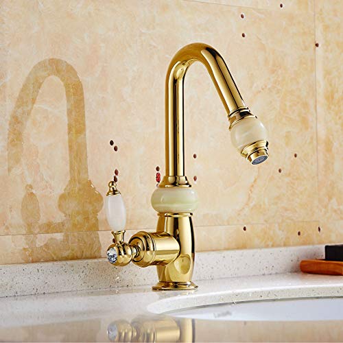 DRFGNF Grifo de Cocina Monomando Giratorio de 360° de Jade Natural con rociador extraíble, Grifo Mezclador de Lavabo de latón, Mezclador de Lavabo, Estilo Retro, Oro Rosa
