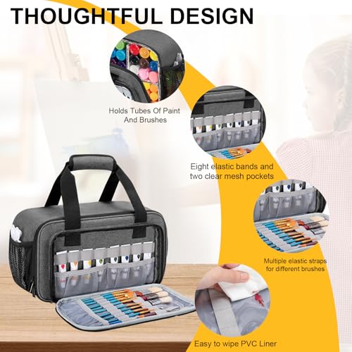 Image of Petyoung Acrylic Paint Organizer Bag for 54 Bottles (2 oz), Art Supply Storage Case with Detachable Aluminum Foil Liner Divider for Easy, Craft Paint Organizer with Extra Pocket