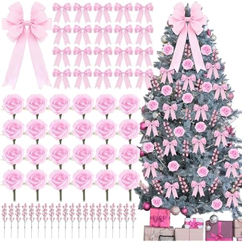 Duraaamo 61 Pcs Rose Christmas Tree Decoration Rose Decorations Set Include Faux Rose Artificial Berries Small Ribbon Bows Big Velvet Topper Bow for Holiday Home Xmas Tree Decor(Coquettish Pink) Cover