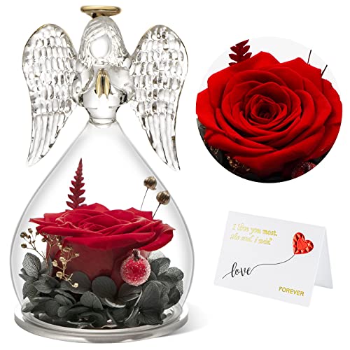 Yamonic Muttertagsgeschenke für Mama, Ewige Rose in Engel Glaskuppel,Geschenke für Mama, Muttertag Ewige Blume mit Engel Figur,Geschenke zum Muttertag,Geburtstagsgeschenk für Frauen,Mama Geschenk,Rote