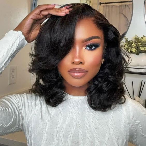 HCHHCH 14 Inch Bob Wig Human Hair Glueless 13X4 HD Lace Front Wigs Human Hair Pre Plucked 180 Density 100% Real Hair Short Body Wavy Bob Wigs for