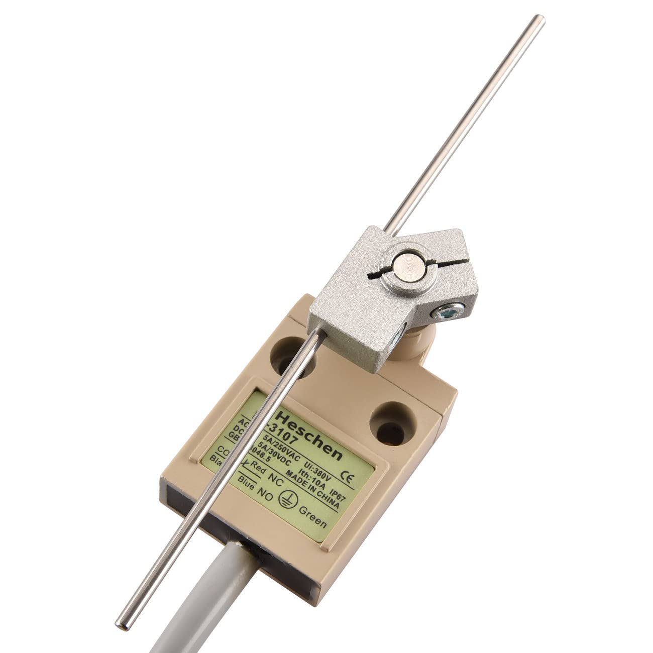 Heschen Interruptor de límite compacto precableado, HS-3107, palanca de varilla ajustable, 1NO 1NC, SPDT, tipo momentáneo, AC250V 5A, IP67 impermeable