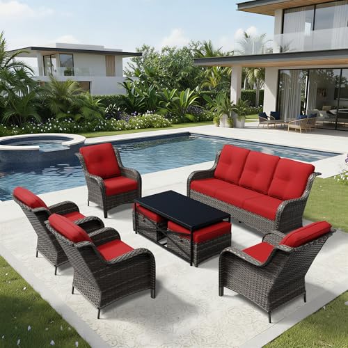 Image of Joyside 8 Piece Wicker Patio Furniture Set, Rattan Patio Chairs with High Back, Deep Seating, Wide Armrest, Thickened Cushions, Outdoor Furniture for Deck, Porch Use