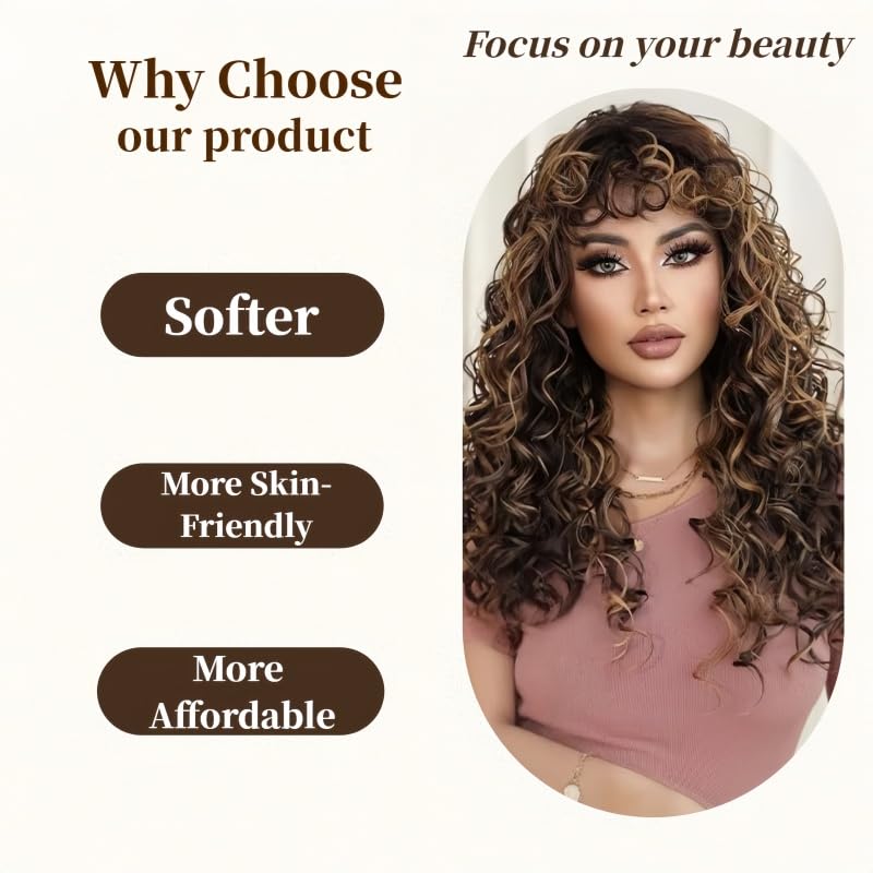 Honey Blonde Brown Human Hair Wigs Springy Curly Long Wavy Hair with Bangs Lightweight Fluffy Daily Wear for Women (Golden Brown,24inch)