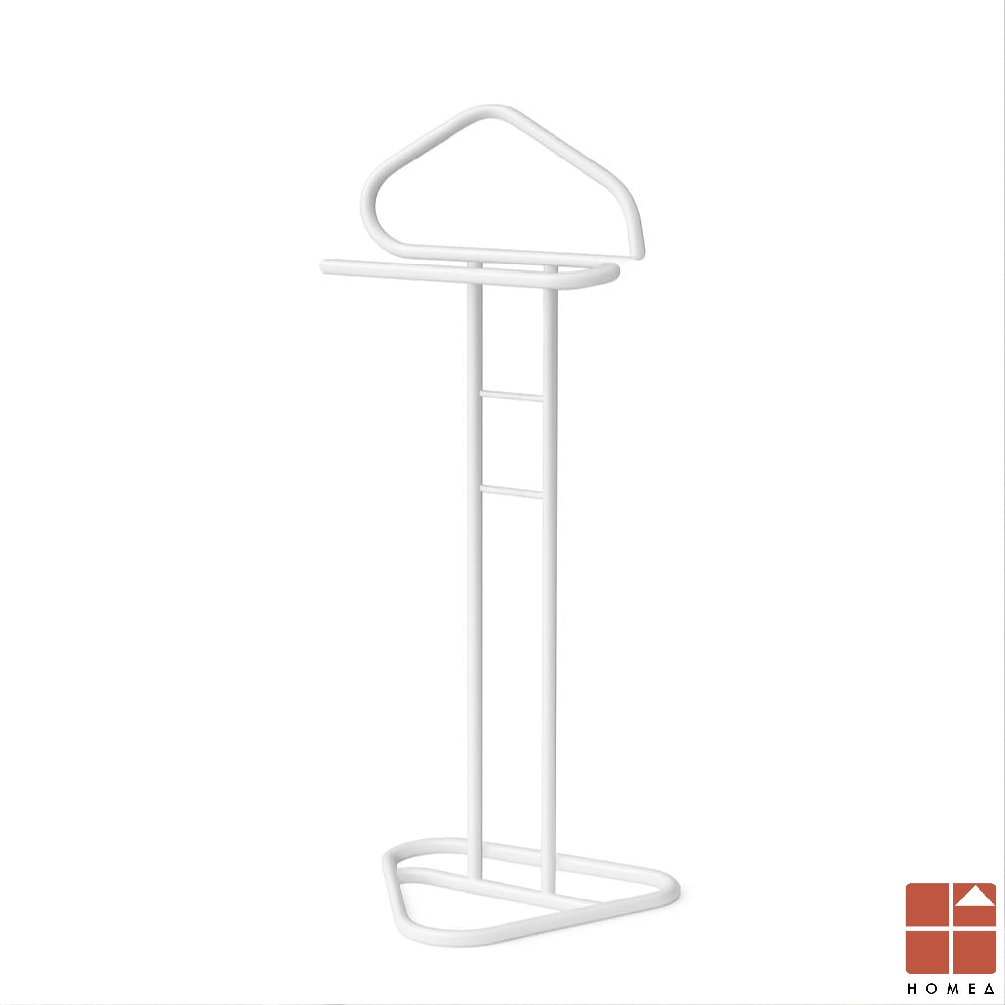 Generico Homea Servo Muto da Camera in Metallo Indossatore Appendiabiti da Terra Salvaspazio - 43,5x36x110,5cm - Omino Porta Abiti con Design Moderno, Stand per Giacche, Pantaloni e Camicie (Bianco)