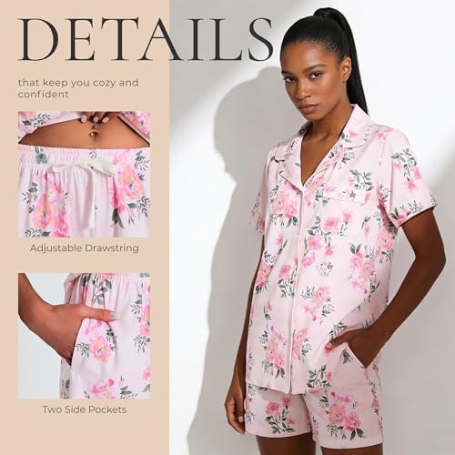 Image of LYCY Womens Pajamas Set Floral Print, Soft Pajamas for Women Shorts Set, Summer Button Down 2 piece Women Pjs