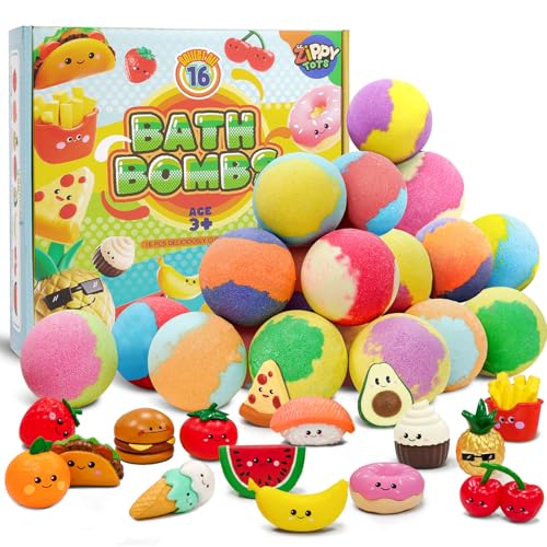 Zippytots Kids Bath Bombs with Food Toys Inside, 16 Pack Colorful Surprise Bath Fizzies Set, Organic...